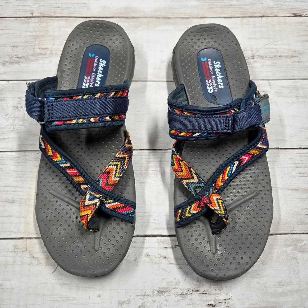 Skechers Outdoor Lifestyle 48228 Thong Sandal Women 8 Navy Multi Chevron Strappy